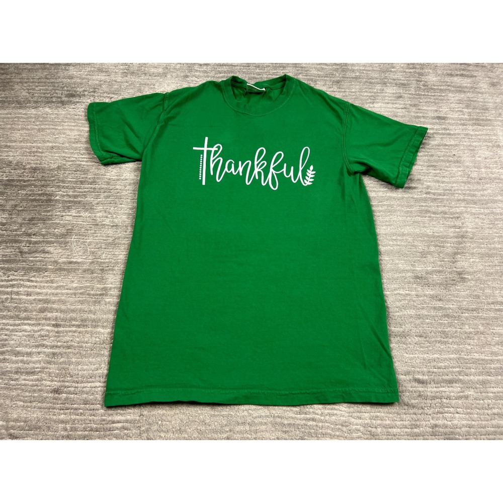 Comfort Colors T-Shirt Unisex Small Green Thankful Graphic Cross Heavyweight Tee